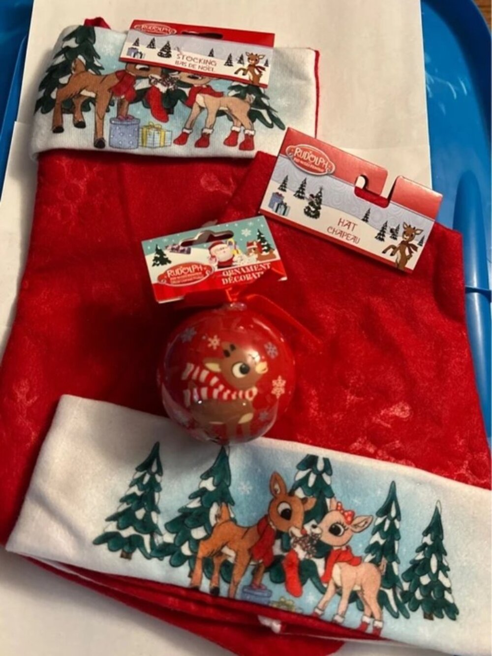 Bundle of 3 Christmas Rudolph Stocking, Hat & Ornament New